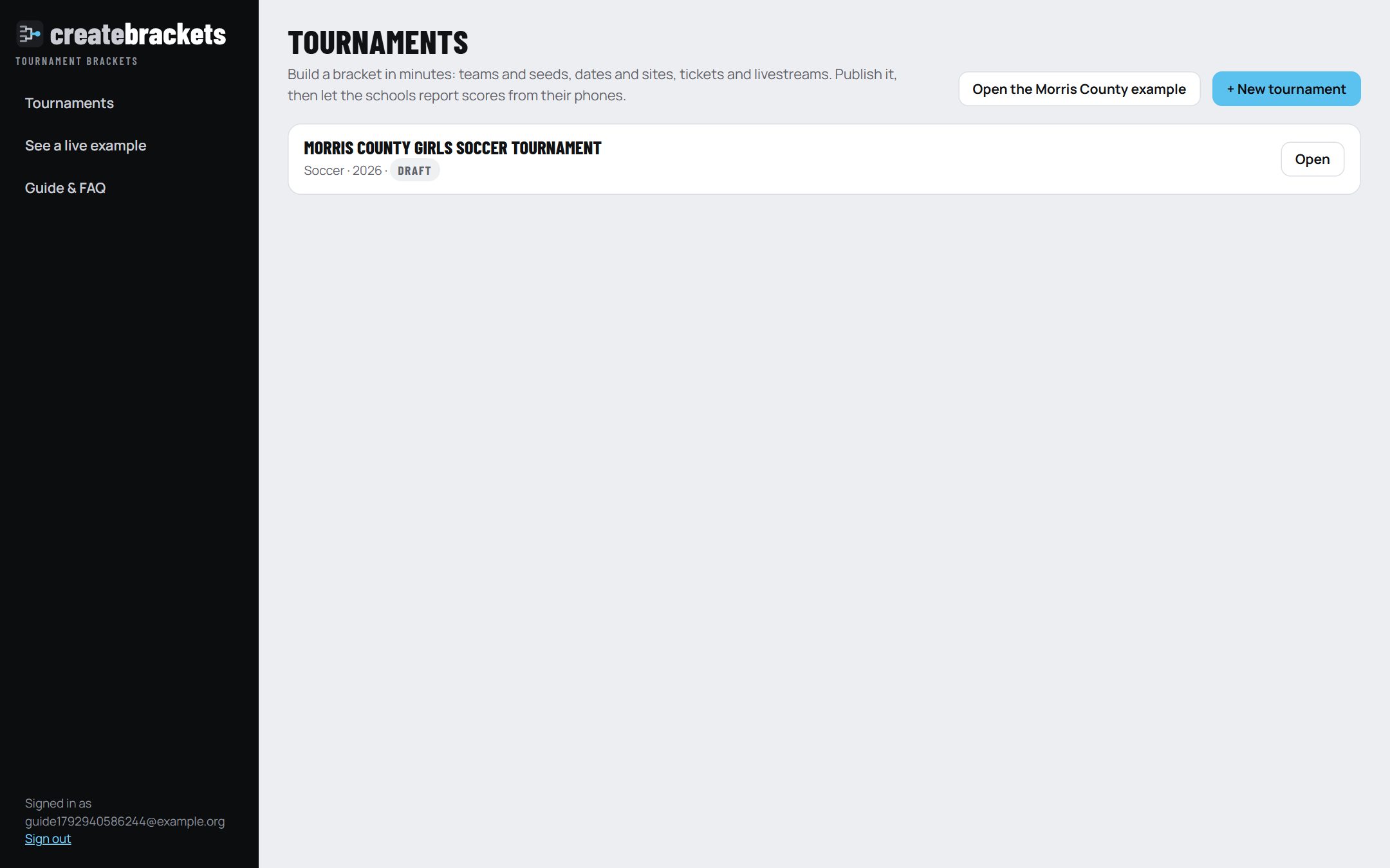 The Tournaments screen: a list of tournaments with Open buttons, and New tournament and Open the Morris County example buttons