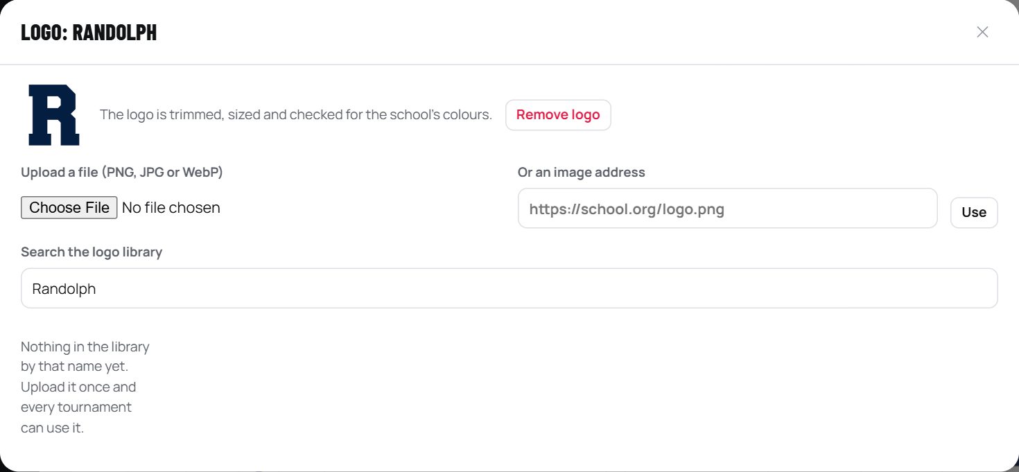 The logo window: upload a file, use an image address, or search the logo library