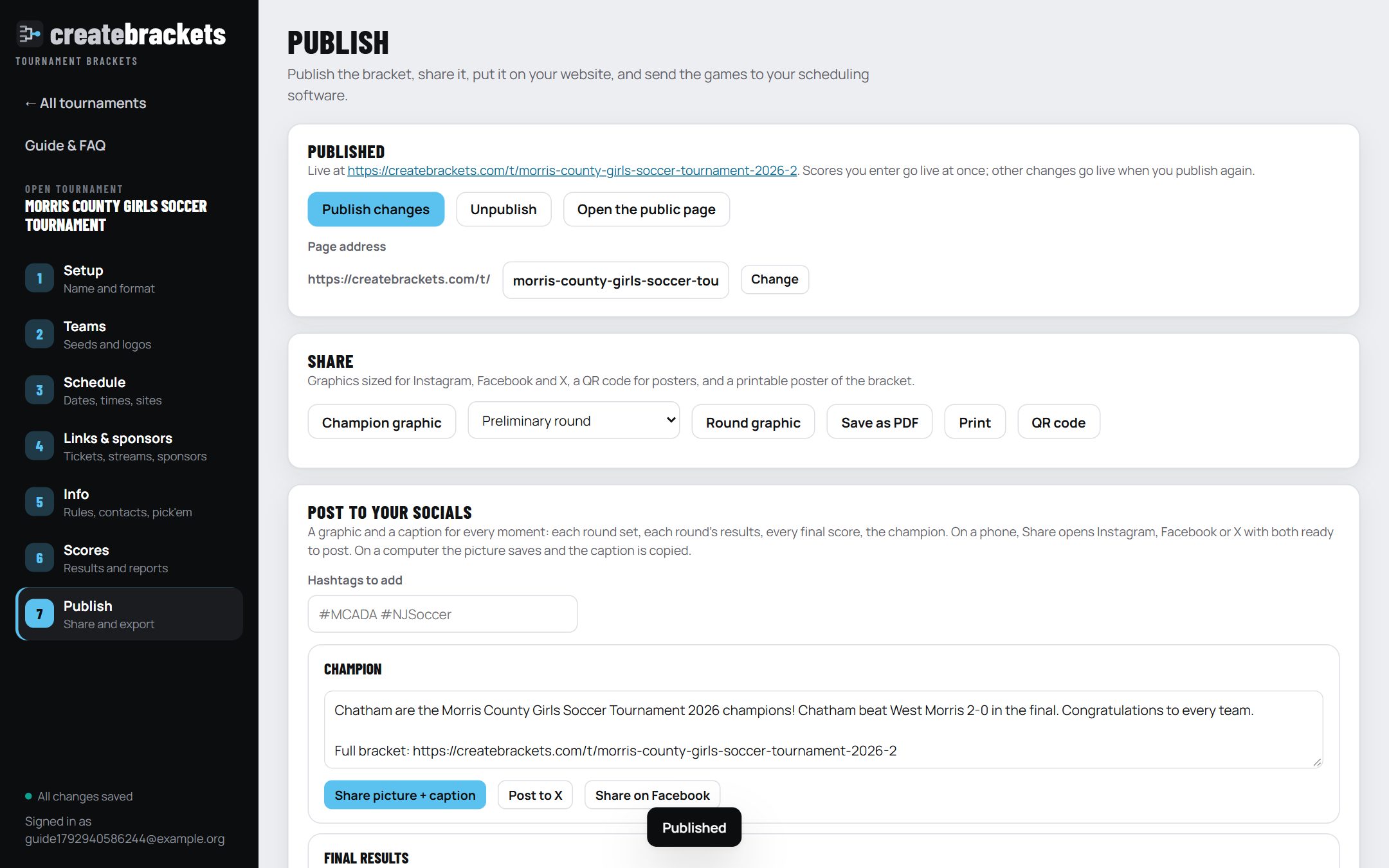 The Publish step: publish, the page address, share tools and the website code