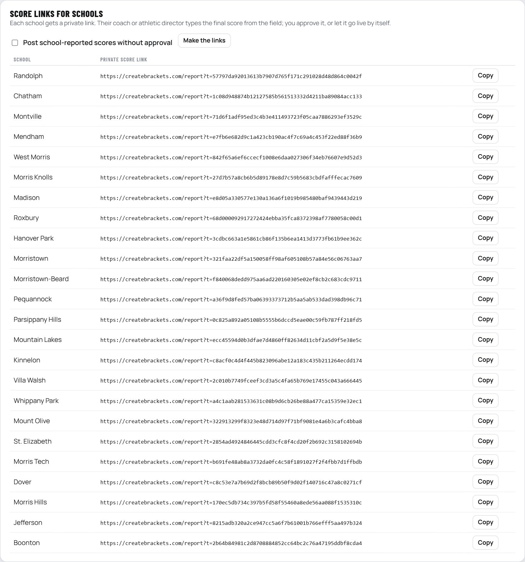 Score links for schools, one private link per school, and the option to post reports without approval